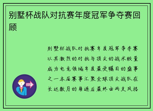别墅杯战队对抗赛年度冠军争夺赛回顾